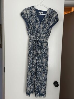 Kensie Navy and Ivory Floral Lace-Trim Midi Dress